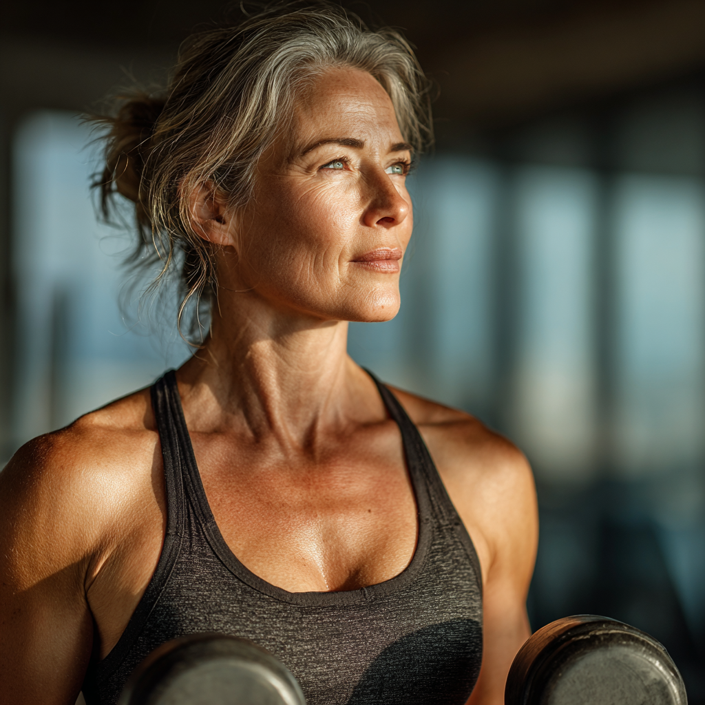 Confident mature woman in her forties with athletic build, wearing workout clothes, holding dumbbells in a modern gym setting with natural lighting